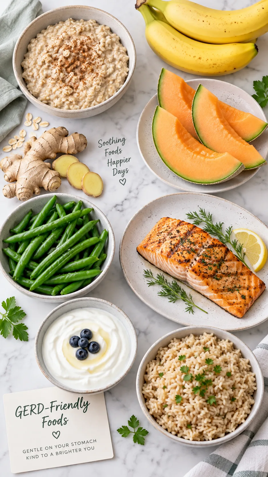 The GERD Diet Plan That Finally Stopped My Acid Reflux for Good 3 A flat lay of GERD-friendly foods on a light marble surface: oatmeal in a bowl, bananas, melon slices, fresh ginger root, green beans, grilled salmon fillet, Greek yogurt, and brown rice, bright clean food photography