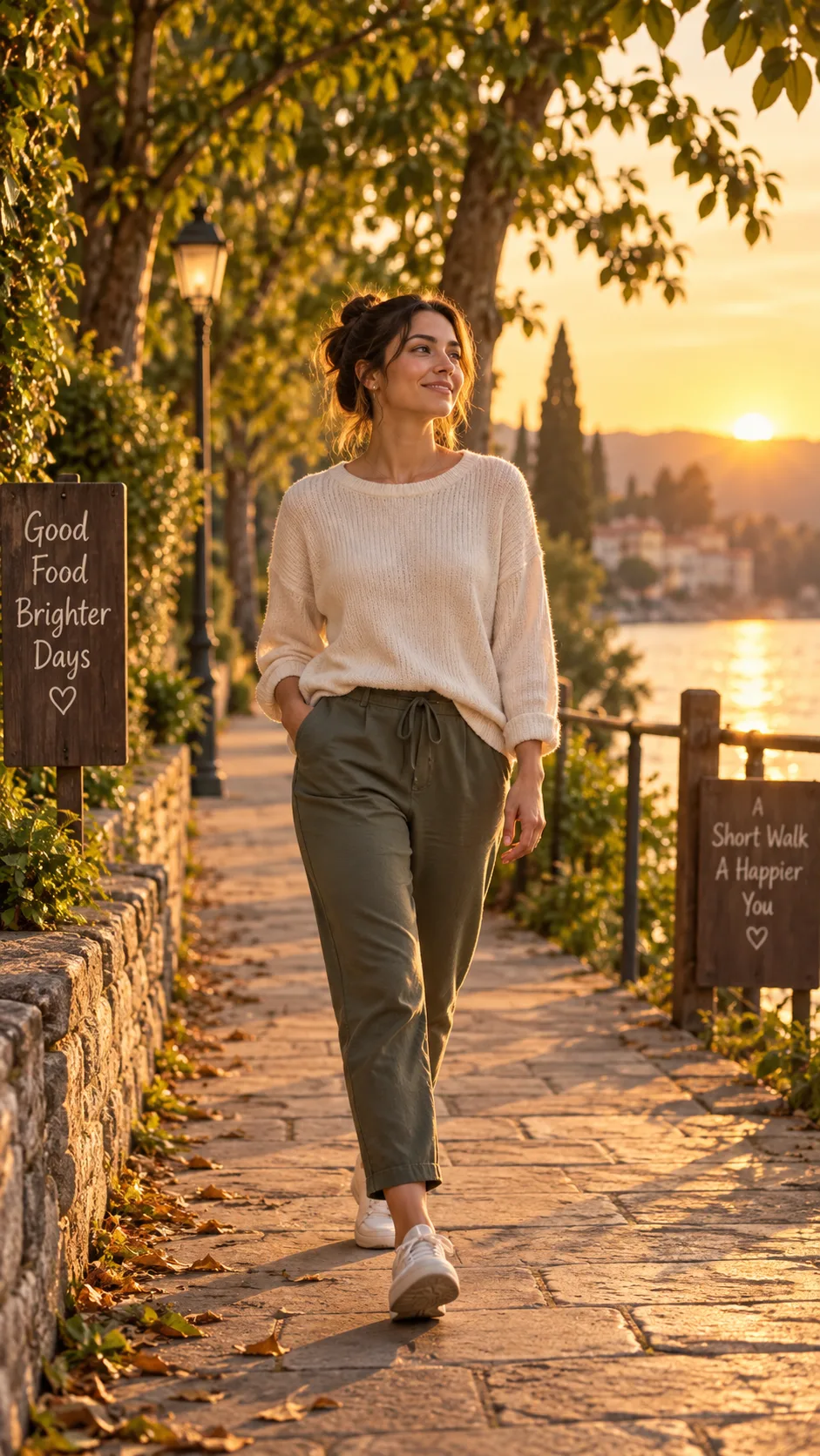 The GERD Diet Plan That Finally Stopped My Acid Reflux for Good 4 A person walking outdoors on a tree-lined path after dinner during golden hour, casual clothing, relaxed posture, illustrating post-meal gentle movement for digestion