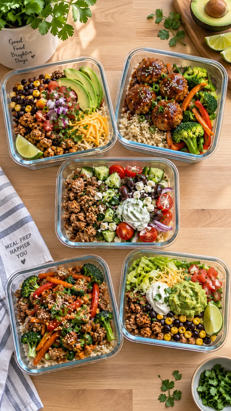 Overhead shot of five glass meal prep containers filled with colorful ground turkey dishes - taco bowls, meatballs with rice, stir fry - arranged on a light wooden kitchen counter, natural window light, food photography