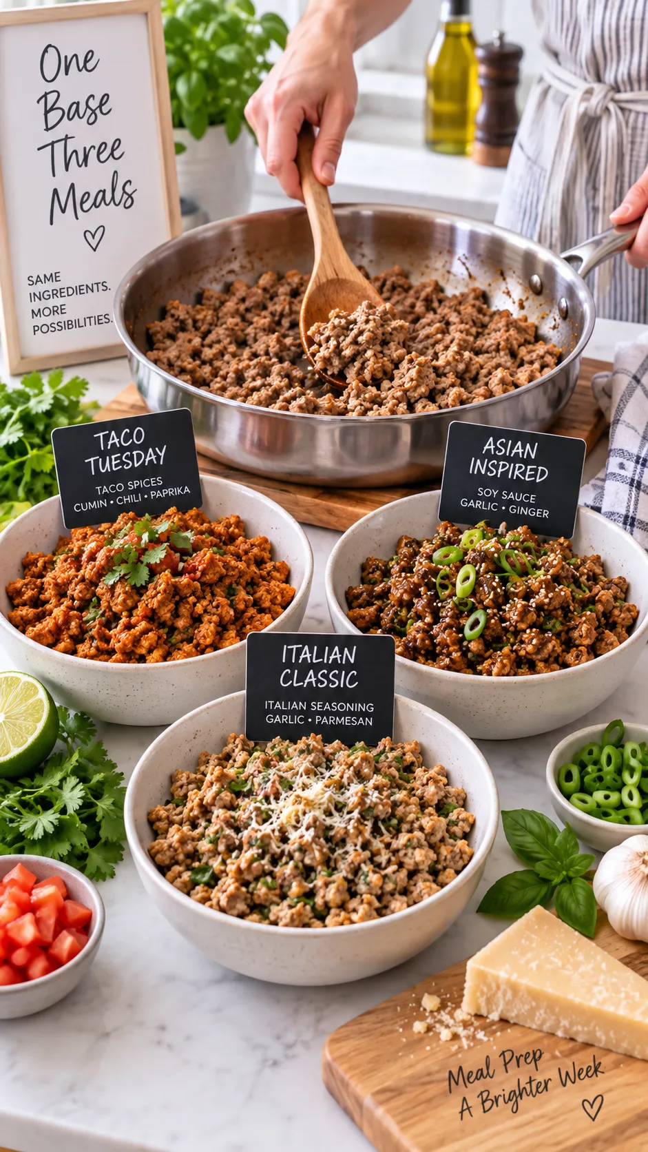 Large stainless steel skillet with browned ground turkey being divided into three separate bowls with different seasonings - taco spices, soy sauce and herbs, Italian seasoning - hands holding wooden spoon, bright kitchen
