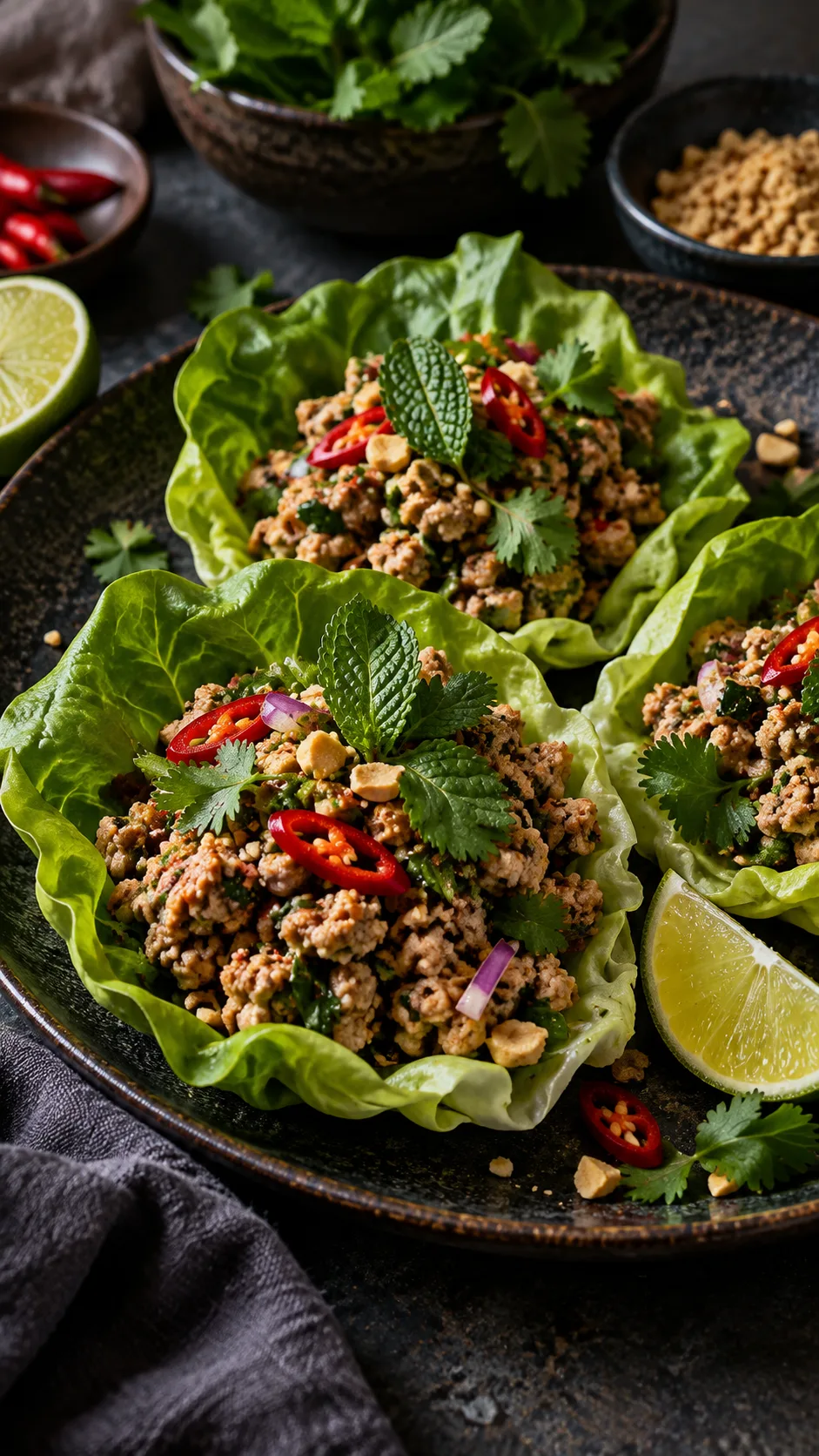 Thai turkey larb in butter lettuce cups on a dark ceramic plate, garnished with fresh mint and cilantro, lime wedges, red chili slices, moody side lighting, close-up detail