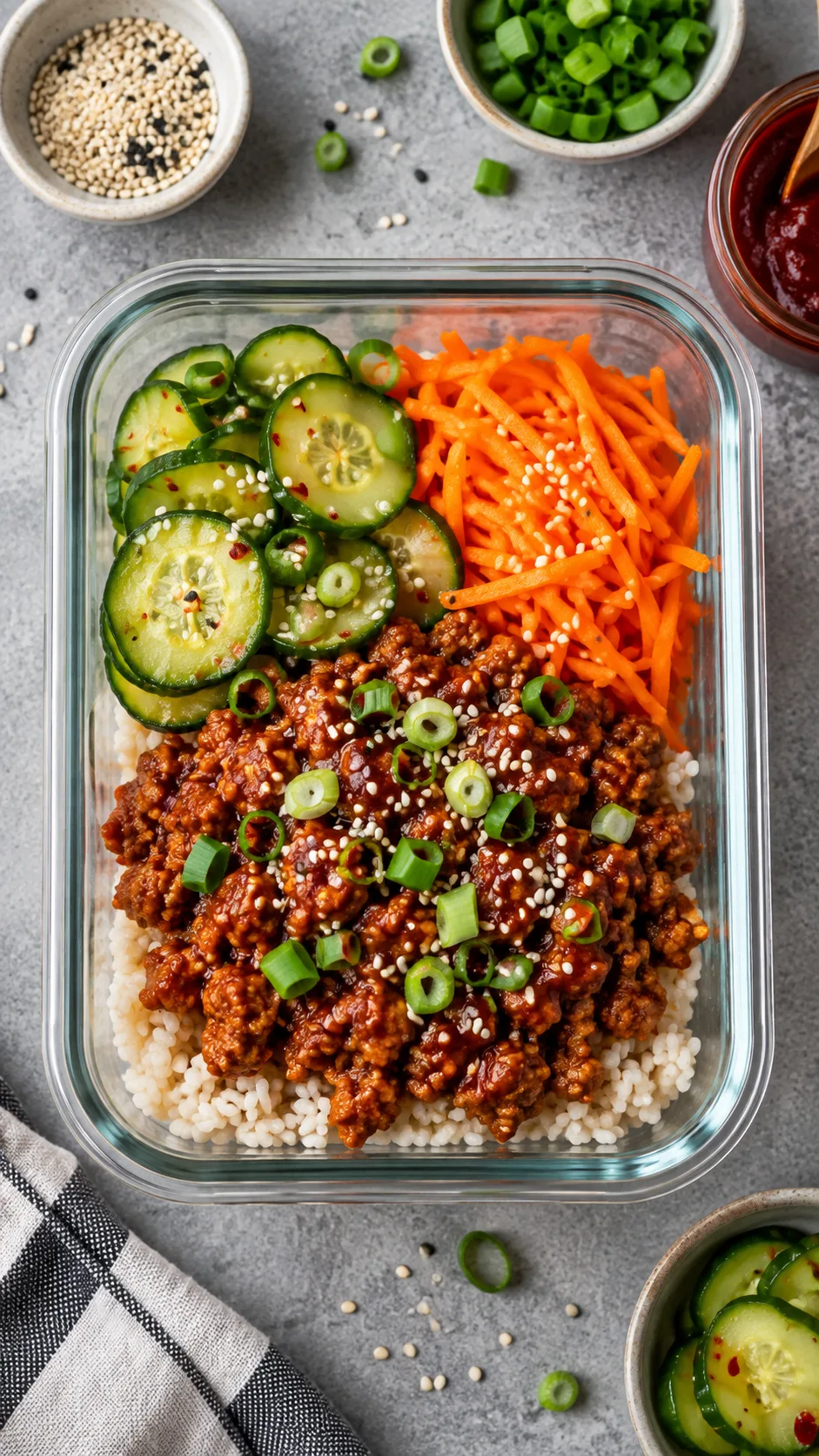 Korean gochujang ground turkey rice bowl in a glass meal prep container with pickled cucumbers, shredded carrots, sesame seeds and scallions, overhead flat lay on concrete surface