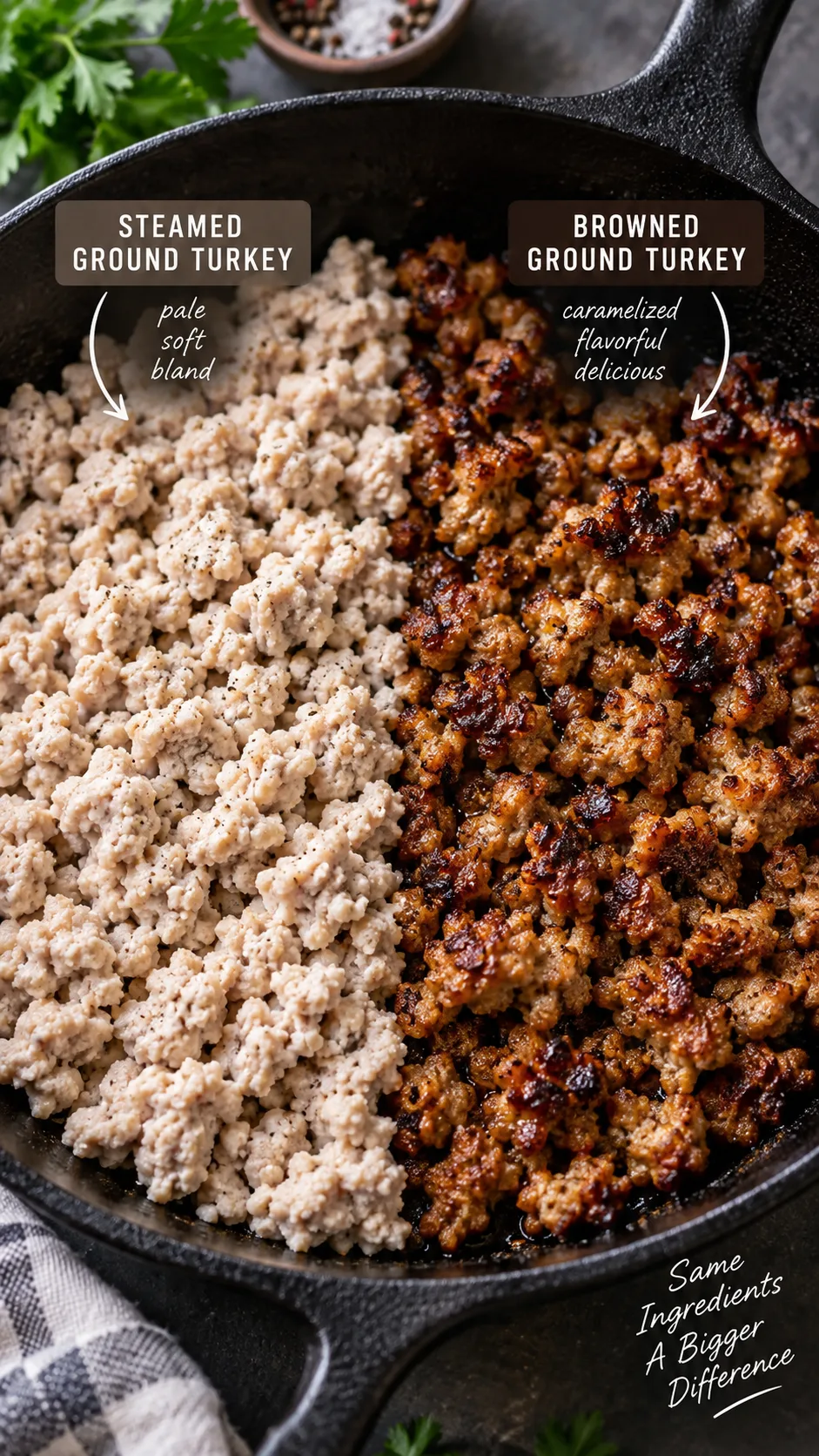 Side by side comparison in a cast iron skillet - one half showing pale steamed ground turkey, other half showing deeply browned caramelized turkey crumbles, close-up macro food photography