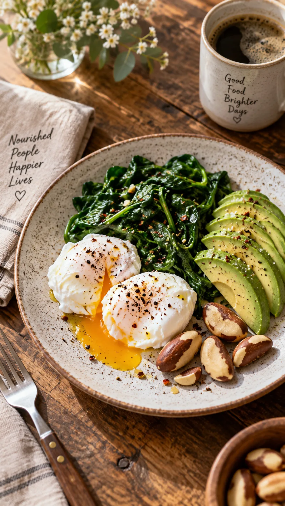 A warm overhead photo of a nourishing breakfast plate with poached eggs, sautéed spinach, avocado slices, and Brazil nuts on a rustic wooden table, soft morning window light, shallow depth of field, food photography