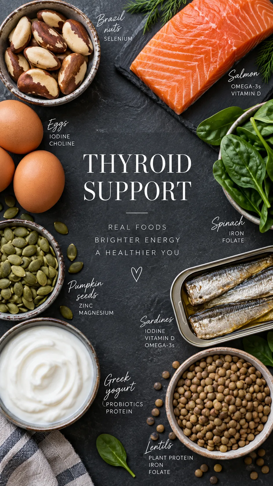 Flat lay of thyroid-supporting foods arranged on a slate surface: Brazil nuts, salmon fillet, eggs, spinach, pumpkin seeds, sardines, Greek yogurt, and lentils, natural lighting, clean editorial style