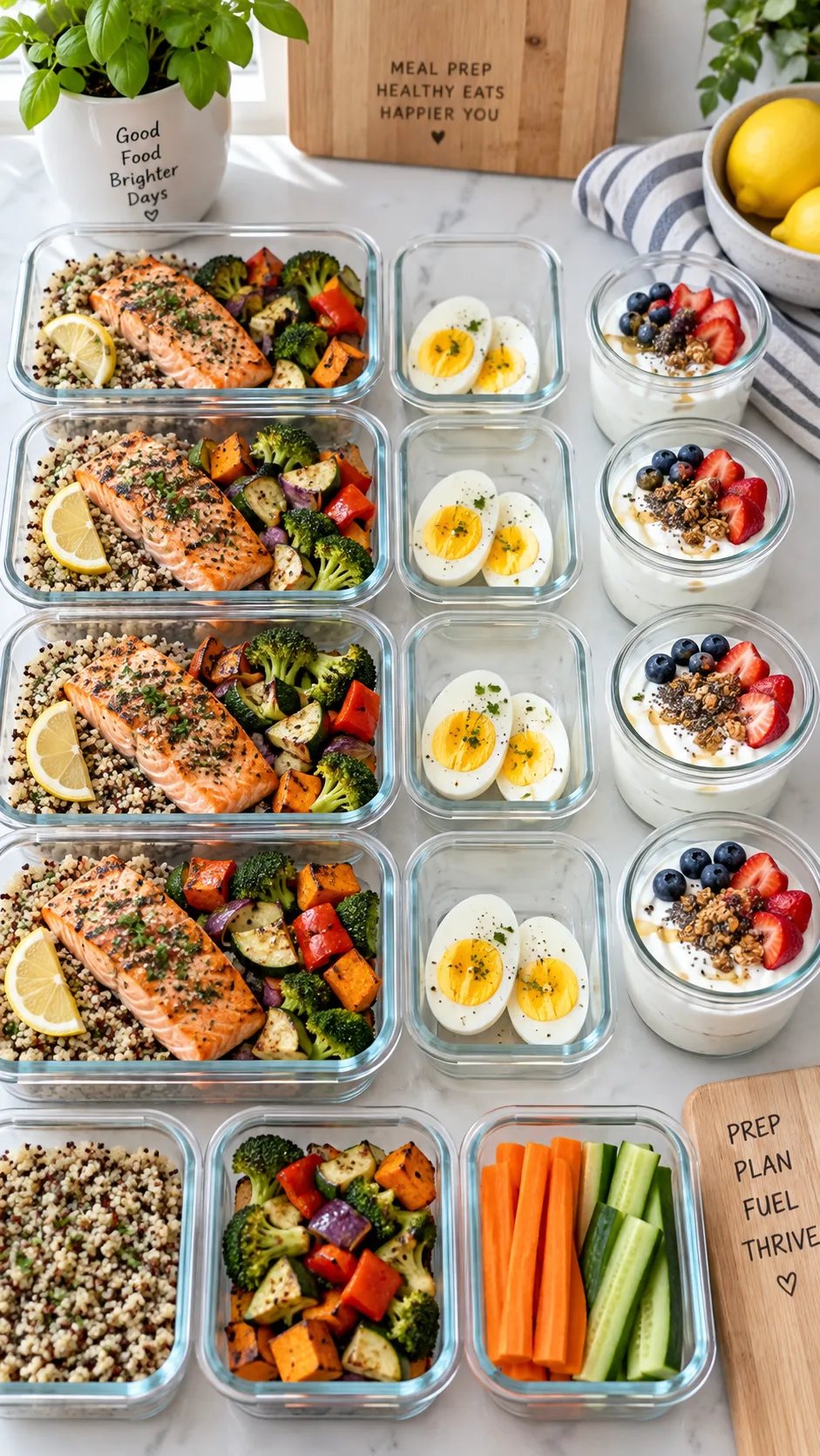 A weekly meal prep spread in glass containers on a kitchen counter, featuring grilled salmon, roasted vegetables, quinoa, boiled eggs, and Greek yogurt cups, bright airy kitchen, overhead angle