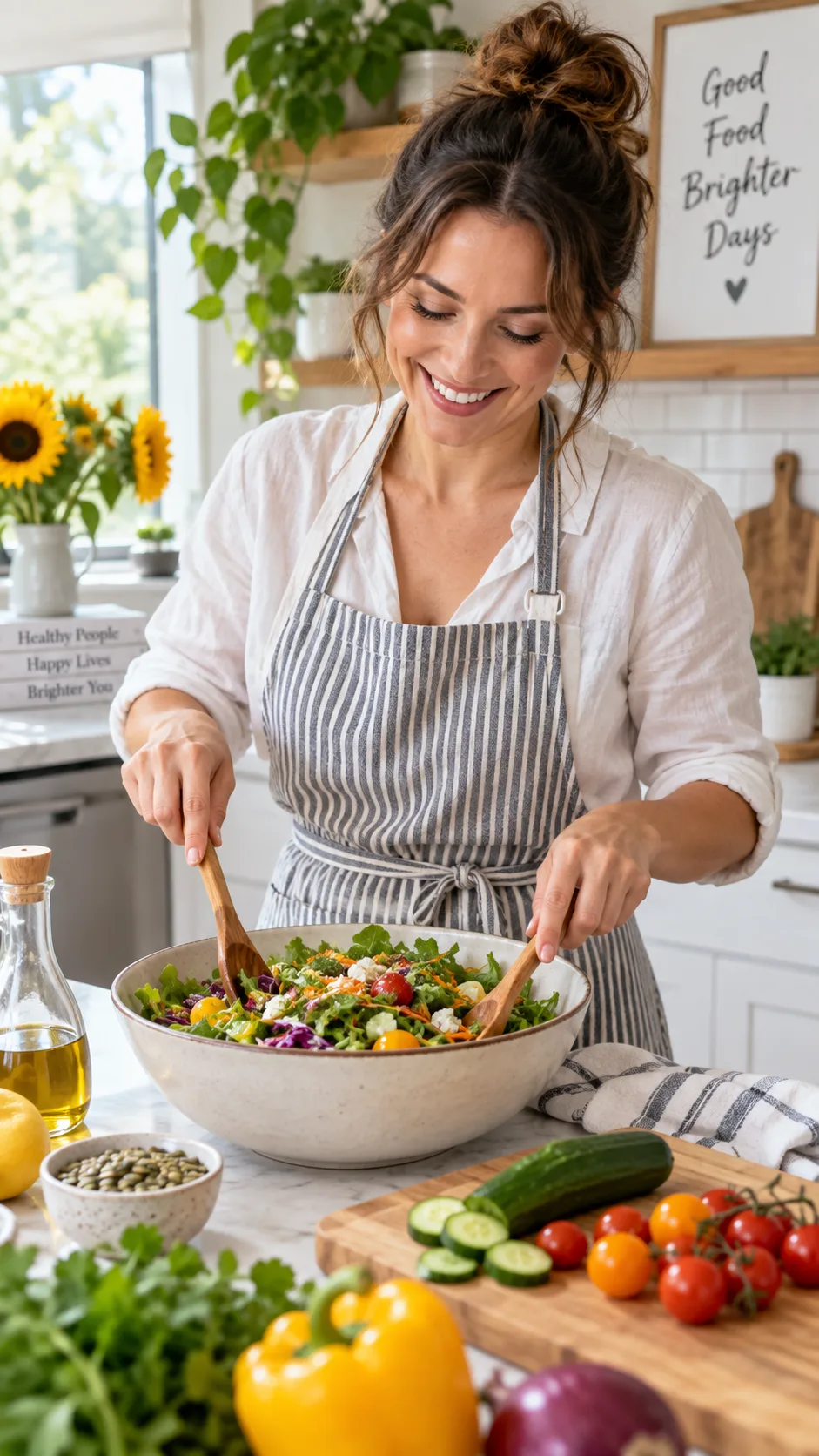 A woman in her thirties smiling while preparing a colorful salad in a bright modern kitchen, natural daylight, candid lifestyle photography, warm and energetic mood