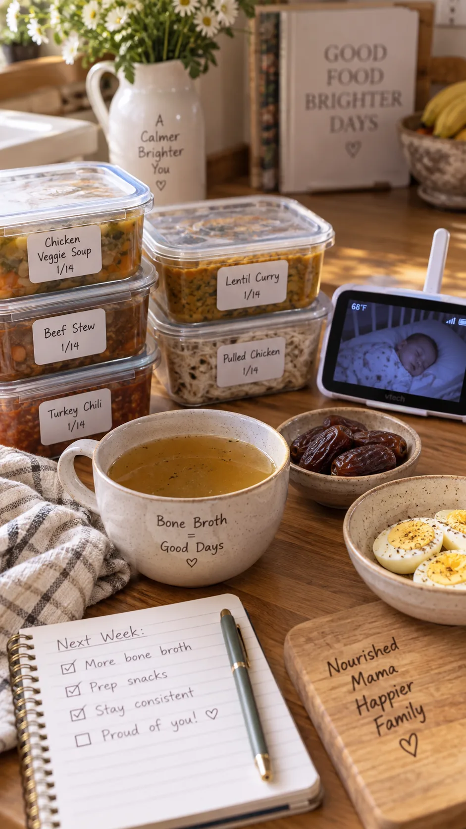 A warm, natural-light overhead photo of a kitchen counter with labelled freezer meal containers, a bowl of bone broth, dates, boiled eggs, and a baby monitor beside them, cosy home setting, shallow depth of field