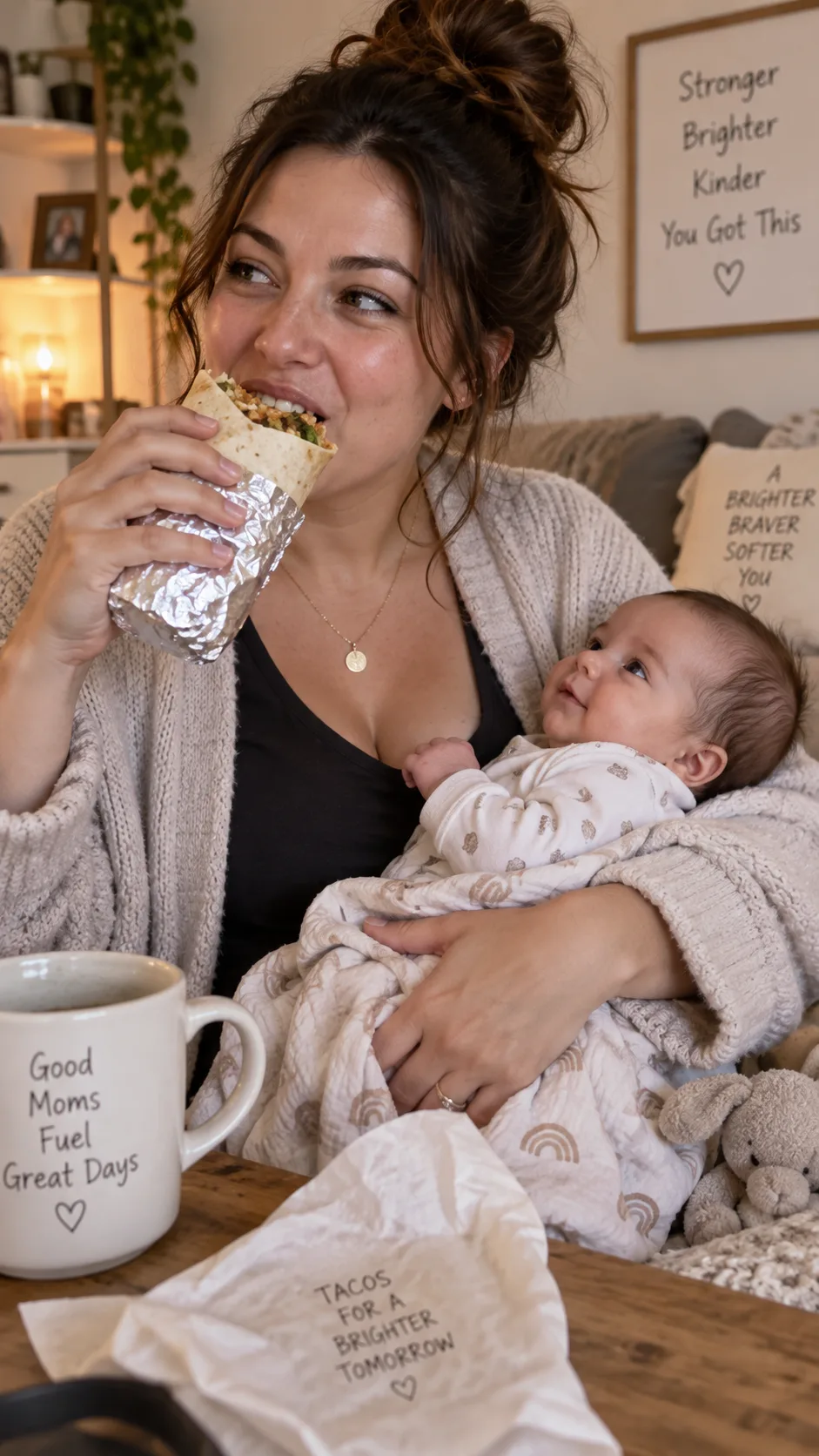 Close-up of a new mother holding a baby in one arm while eating a wrapped burrito with her free hand, soft home lighting, authentic candid moment, warm tones