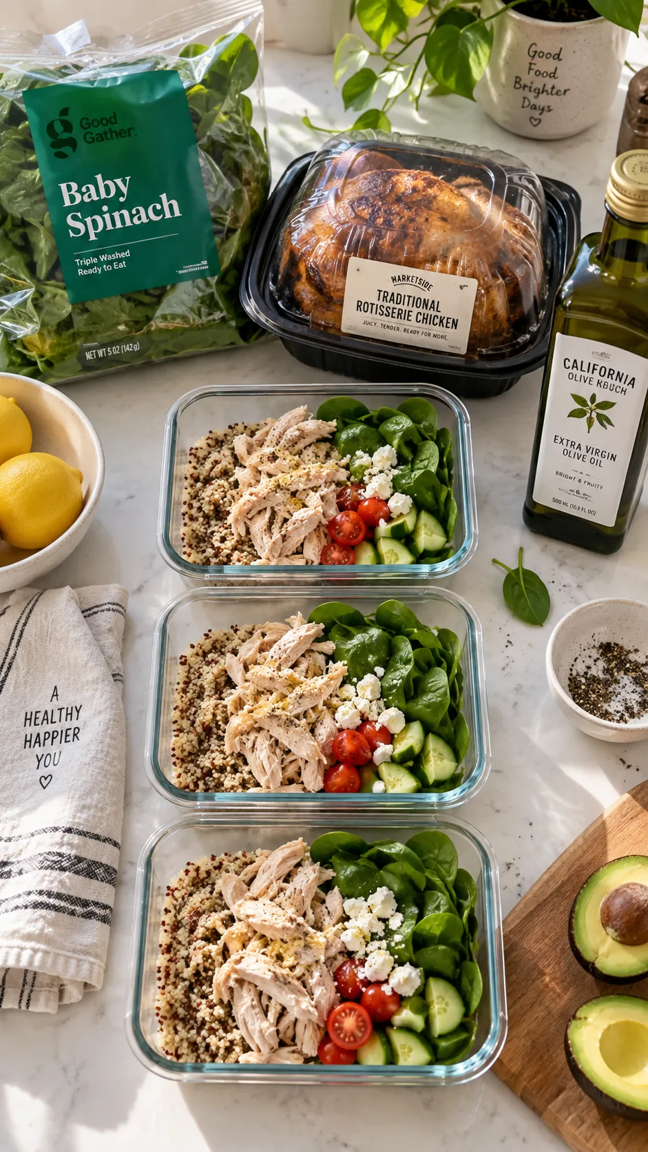 Bright overhead shot of a minimalist kitchen counter with three simple glass meal prep containers, a bag of pre-washed spinach, rotisserie chicken, and a bottle of olive oil, natural window light, casual lived-in feel