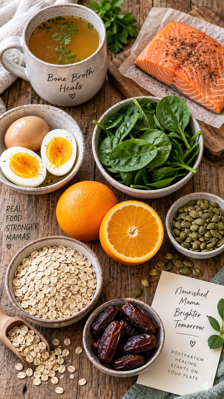 Flat lay of postpartum healing foods: bone broth in a mug, salmon fillet, spinach, boiled eggs, oranges, pumpkin seeds, oats and dates arranged on a rustic wooden table, bright natural light