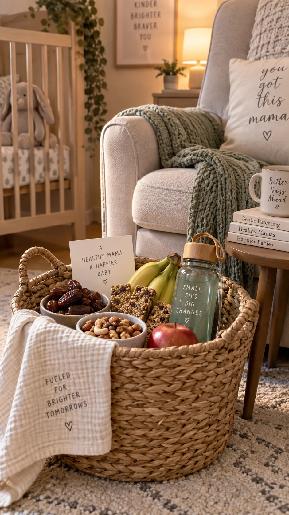 A woven basket beside a nursing chair filled with dates, nuts, granola bars, a water bottle and fruit, soft nursery lighting, cosy and realistic home scene