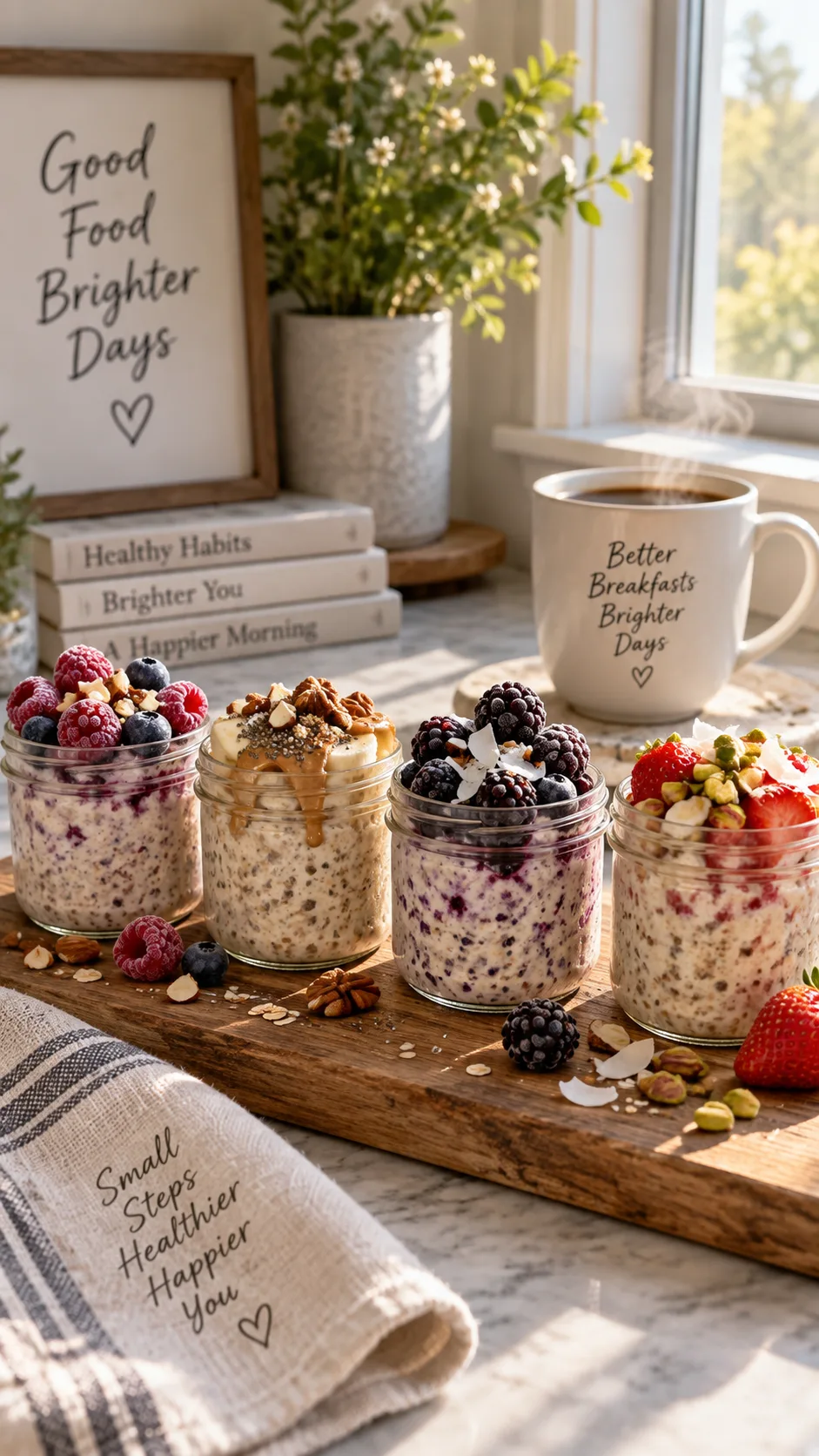 Four small glass jars of overnight oats topped with different frozen berries and nuts, lined up on a wooden board beside a coffee cup, morning light streaming through a window