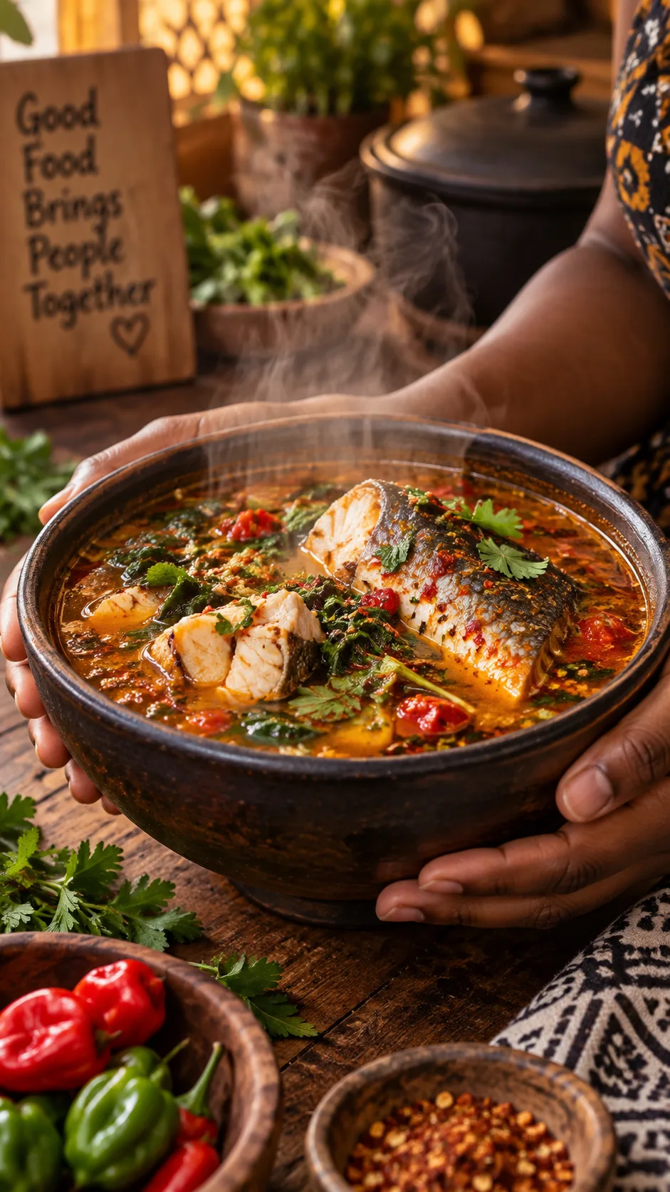 A steaming bowl of traditional spicy pepper soup with fish and herbs on a wooden table, hands cradling the bowl, warm inviting kitchen atmosphere, close-up