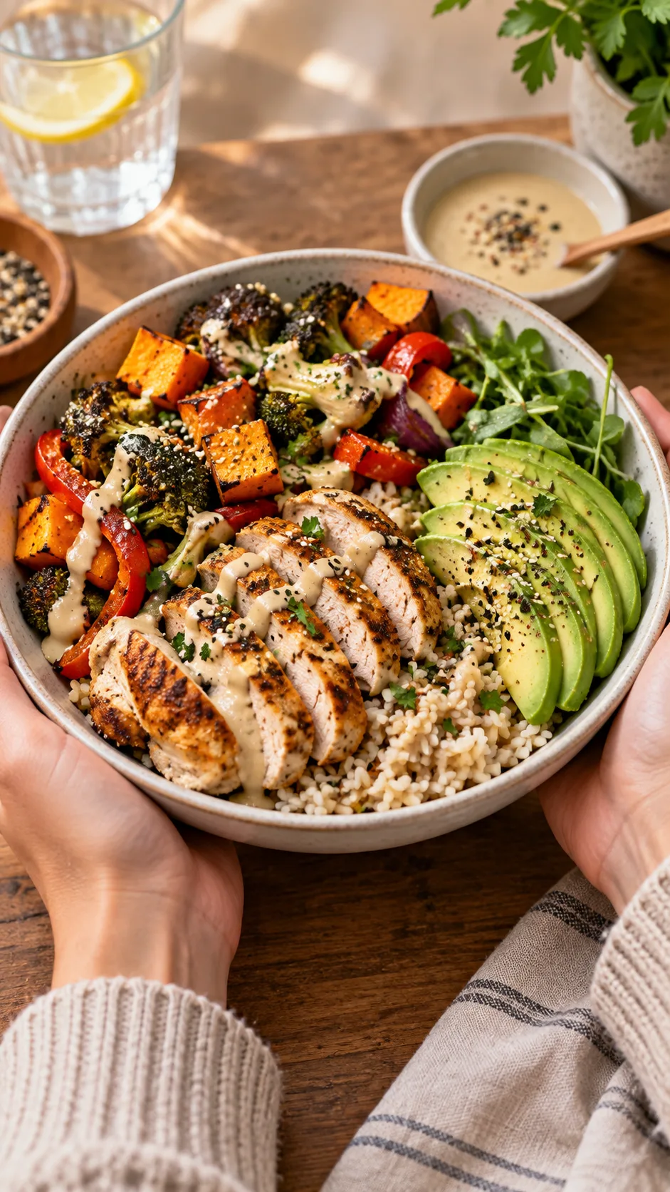 Close up of a colorful assembled dinner bowl with rice, roasted vegetables, sliced chicken, avocado and a drizzle of tahini sauce, held in hands over a simple kitchen table, warm natural lighting