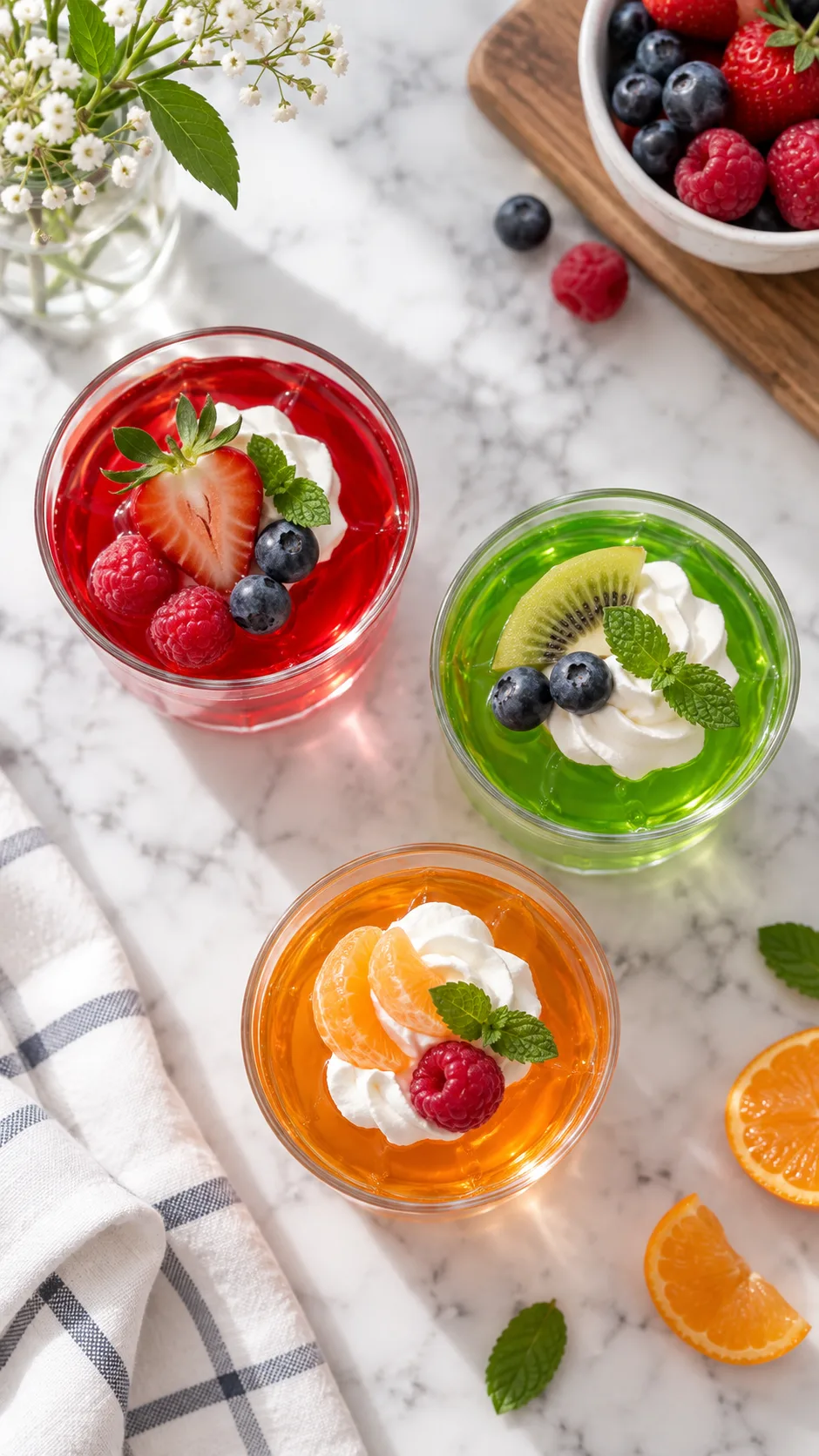 The Jello Diet Trick That Makes Cutting Calories Feel Like Cheating 1 Overhead shot of three small glass dessert cups filled with vibrant red, green, and orange gelatin, topped with fresh berries and a small dollop of whipped topping, on a clean white marble kitchen counter with soft natural window light