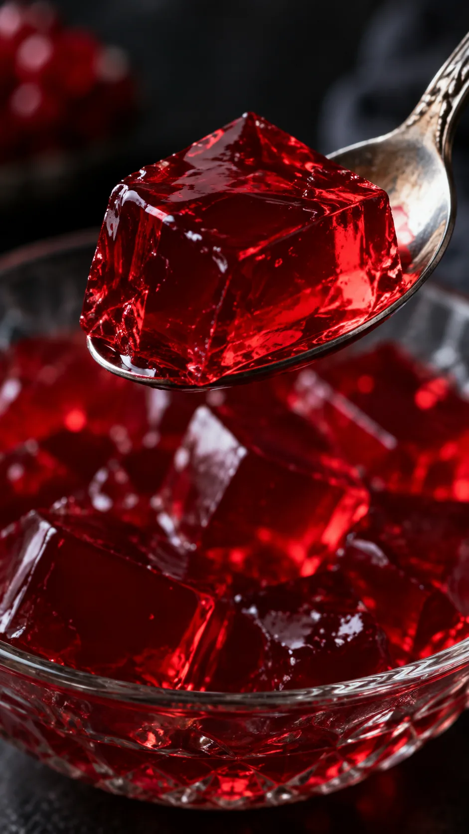 The Jello Diet Trick That Makes Cutting Calories Feel Like Cheating 2 Close-up macro photograph of a spoon lifting a glossy cube of red gelatin, light refracting through the translucent jelly, shallow depth of field, dark moody background