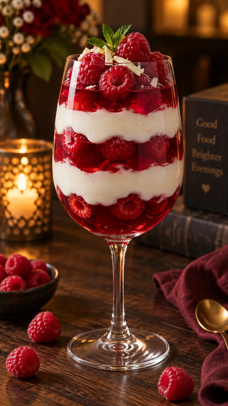 The Jello Diet Trick That Makes Cutting Calories Feel Like Cheating 3 Elegant layered gelatin parfait in a tall wine glass with alternating red jelly layers, white creamy yogurt layers and fresh raspberries on top, styled on a dark wooden table with warm evening lighting, food photography