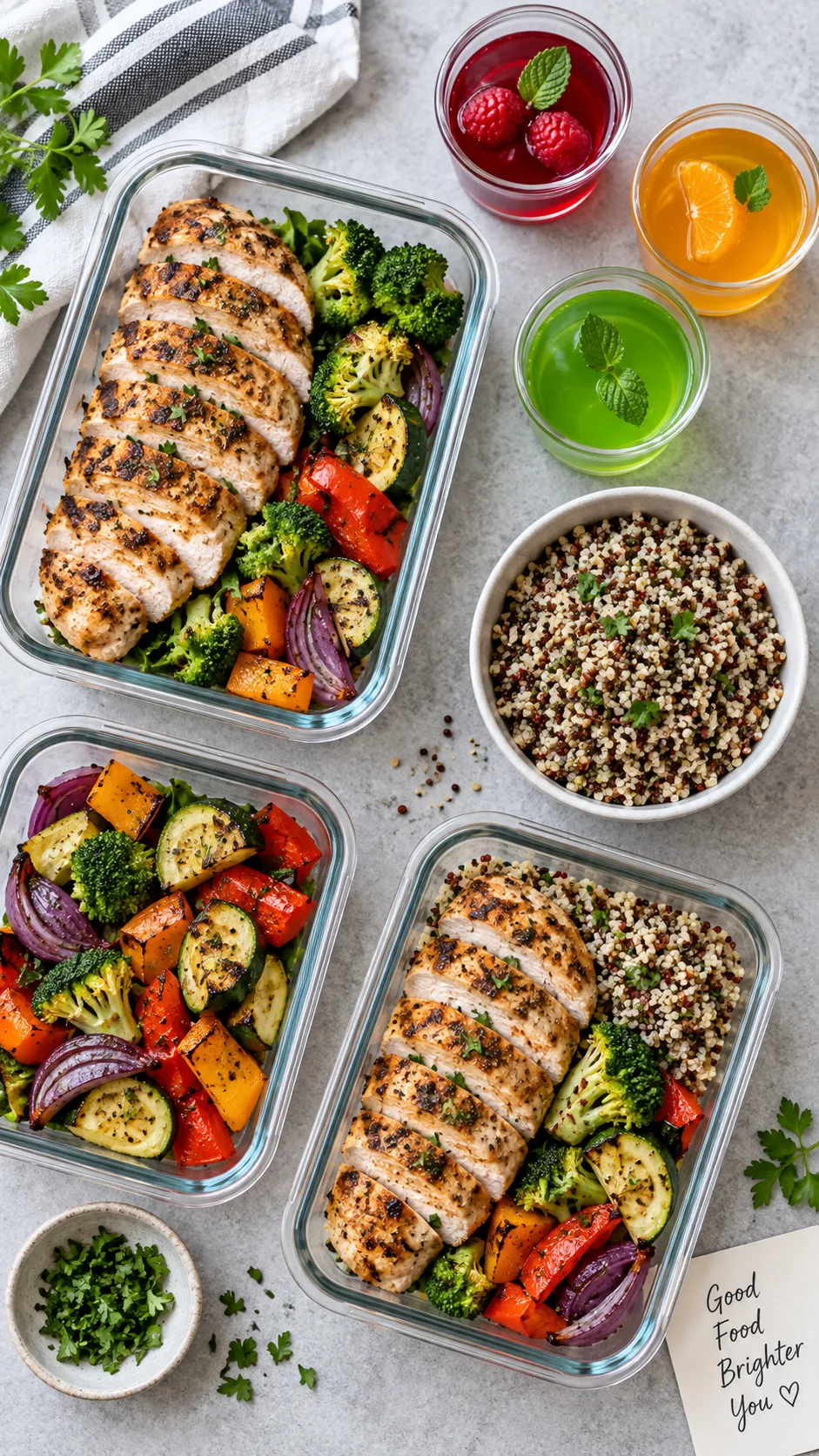 The Jello Diet Trick That Makes Cutting Calories Feel Like Cheating 4 Flat lay of a balanced meal prep spread: grilled chicken breast, roasted vegetables, quinoa bowl, and small cups of colorful gelatin dessert arranged on a light grey surface, natural daylight, healthy eating concept