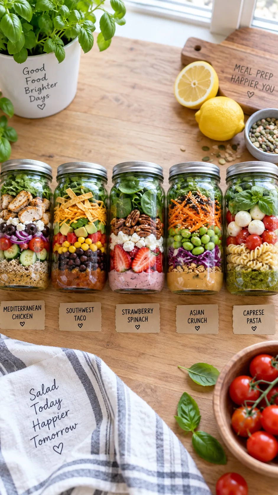 Overhead flat lay of five glass mason jar salads lined up on a light wooden kitchen counter, each layered with colorful ingredients, natural window light, shallow depth of field, food photography