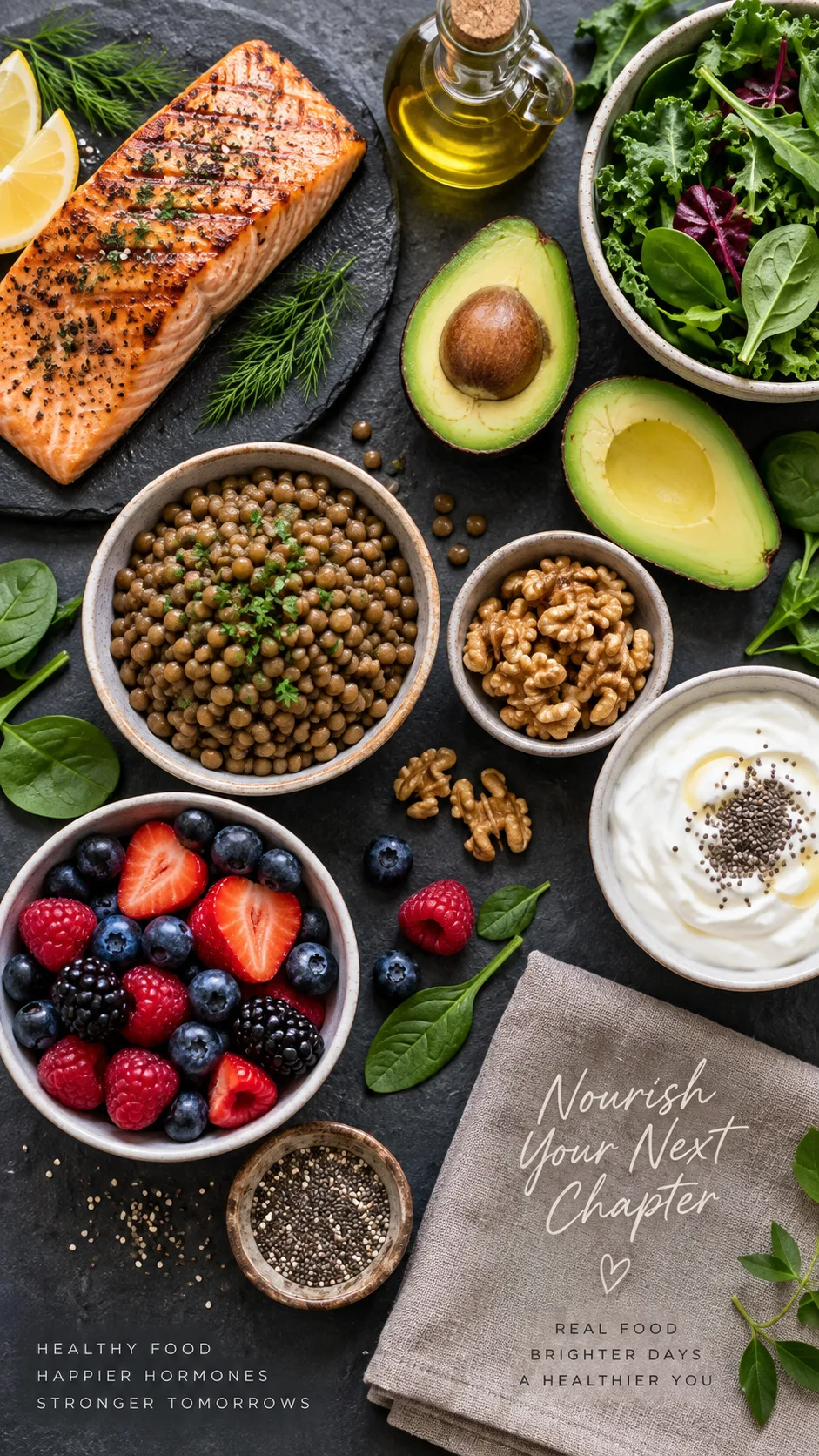The Menopausal Diet Meal Plan That Finally Stops Bloating, Fatigue & Weight Gain 2 Flat lay overhead shot of menopause-friendly foods: grilled salmon, avocado, leafy greens, lentils, walnuts, Greek yogurt, berries, olive oil, arranged neatly on a slate surface, professional food photography