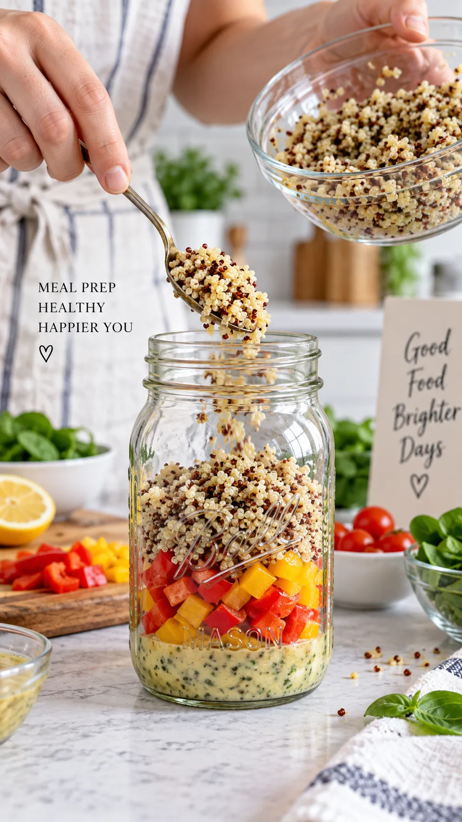 Close-up of a mason jar salad being layered, hands adding quinoa over chopped peppers with dressing visible at the bottom, bright kitchen background, vertical food photography
