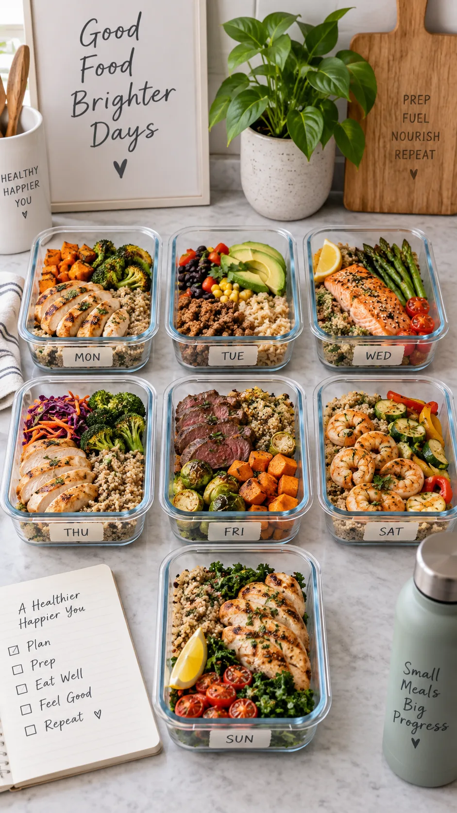 The Menopausal Diet Meal Plan That Finally Stops Bloating, Fatigue & Weight Gain 3 A weekly meal prep spread with seven glass containers filled with balanced portions of protein, vegetables and whole grains, arranged on a kitchen counter, soft natural lighting, clean minimal aesthetic
