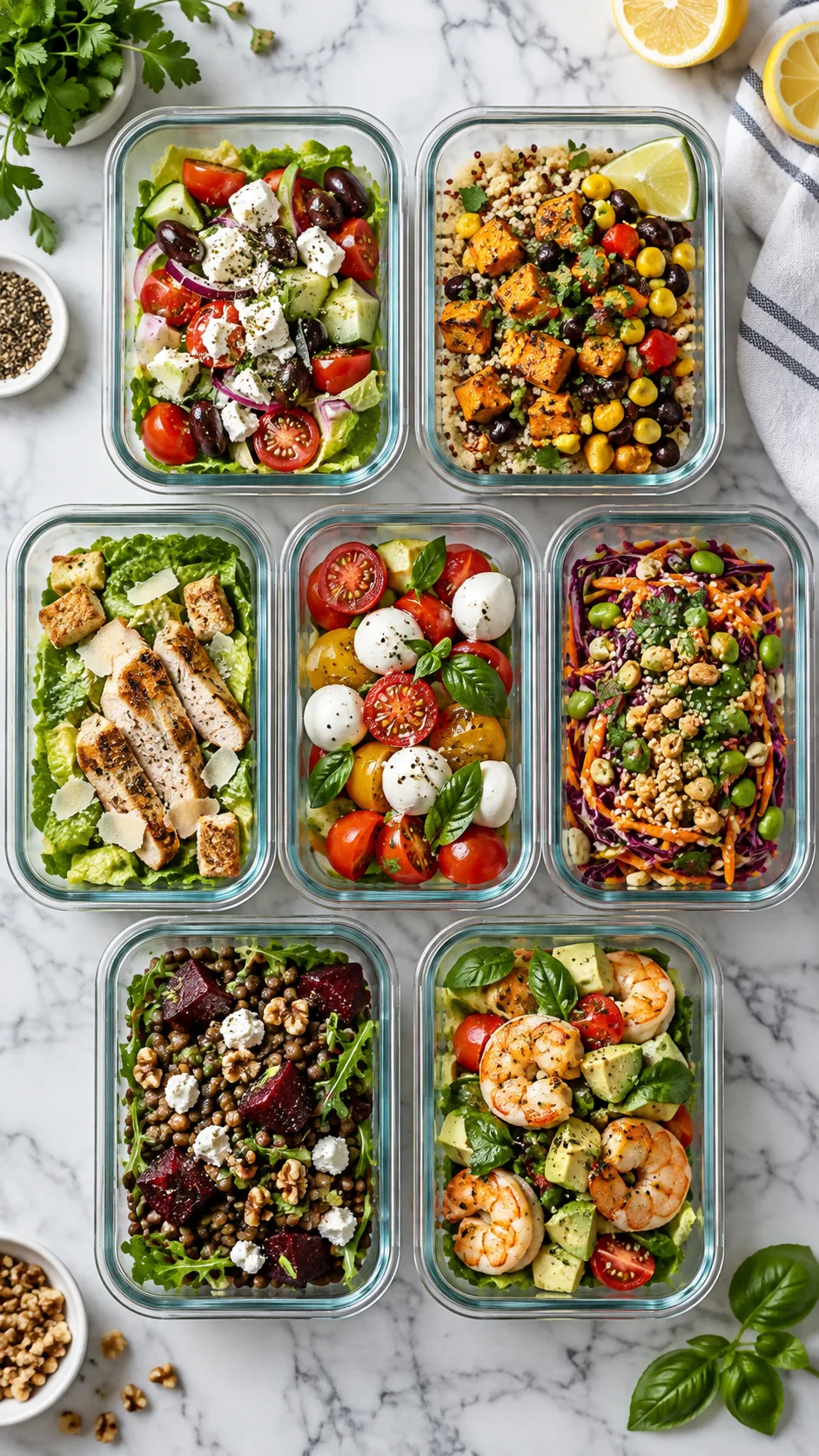Seven different prepared salads in clear glass meal prep containers arranged in a grid on a marble surface, each visibly different in color and ingredients, overhead shot, bright natural lighting