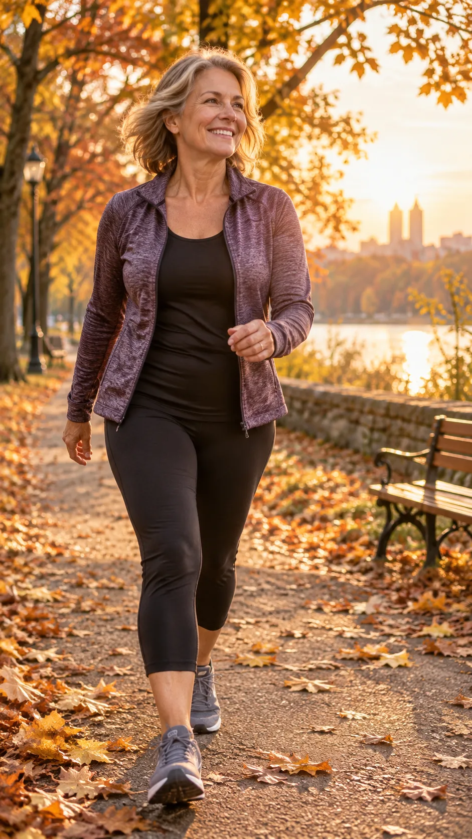 The Menopausal Diet Meal Plan That Finally Stops Bloating, Fatigue & Weight Gain 4 A woman in workout clothes walking briskly through a park path in autumn, smiling, mid-50s, healthy and energetic, golden hour lighting, candid documentary style