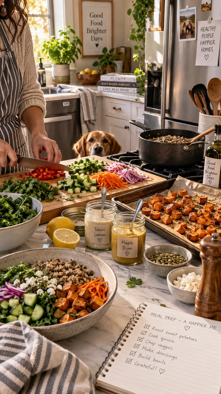 A busy home kitchen mid meal prep session, cutting board with chopped vegetables, sheet pan of roasted sweet potatoes, pot of quinoa, small jars of dressing, warm afternoon light, candid documentary style