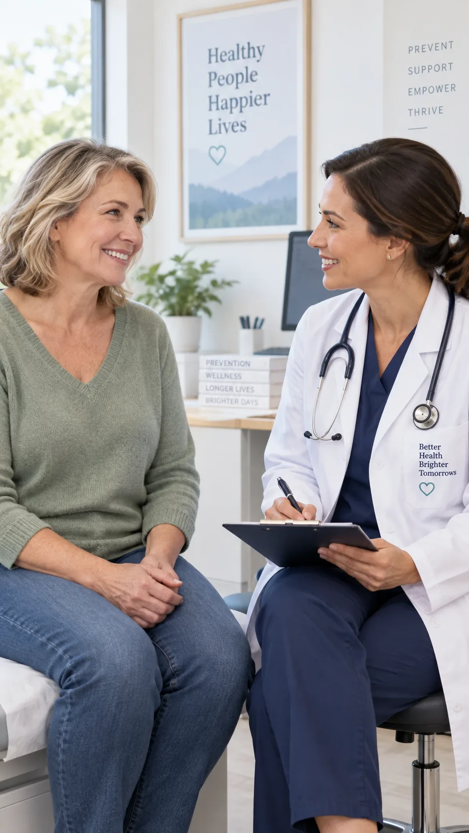 The Menopausal Diet Meal Plan That Finally Stops Bloating, Fatigue & Weight Gain 5 A woman in her 50s having a friendly consultation with a female doctor in a bright clinic office, both smiling, professional healthcare photography, warm and reassuring atmosphere