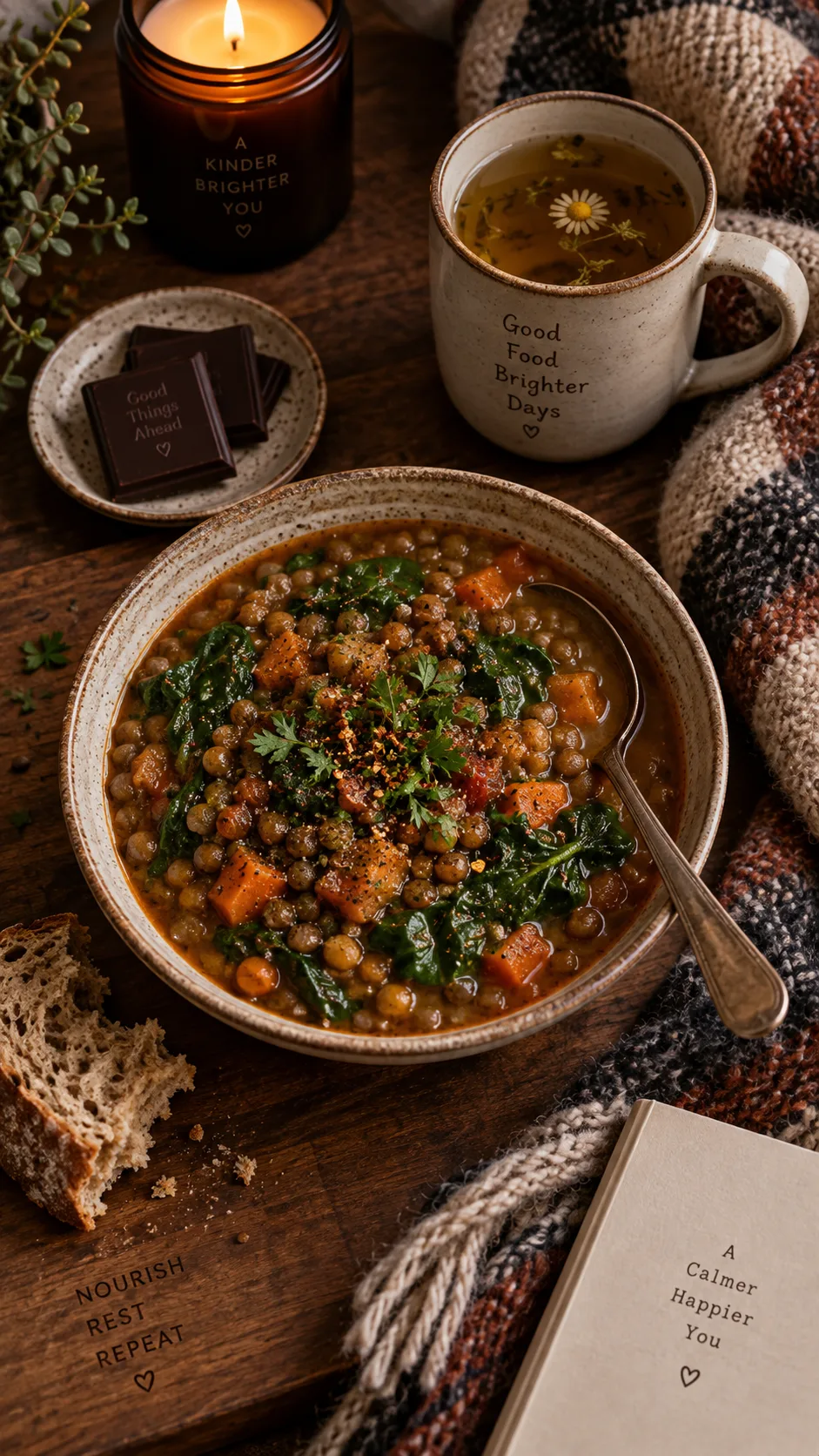 Cozy overhead shot of a warm lentil and spinach stew in a ceramic bowl beside a mug of herbal tea, dark chocolate squares and a wool blanket, moody warm lighting, comfort food photography
