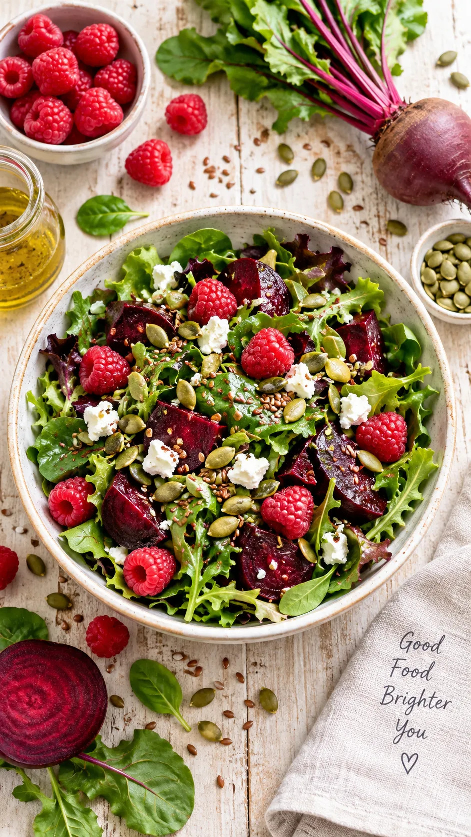 Vibrant colorful salad bowl with mixed greens, raspberries, beets, pumpkin seeds and flaxseed, shot from above on a light wooden table with scattered fresh ingredients, bright airy natural light, healthy food editorial photography