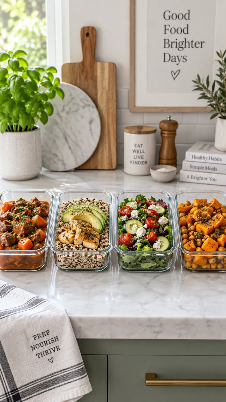 Four glass meal prep containers arranged in a row on a kitchen counter showing different balanced meals: stew, quinoa bowl, fresh salad, roasted squash with chickpeas, natural daylight, clean minimalist kitchen background, meal prep photography