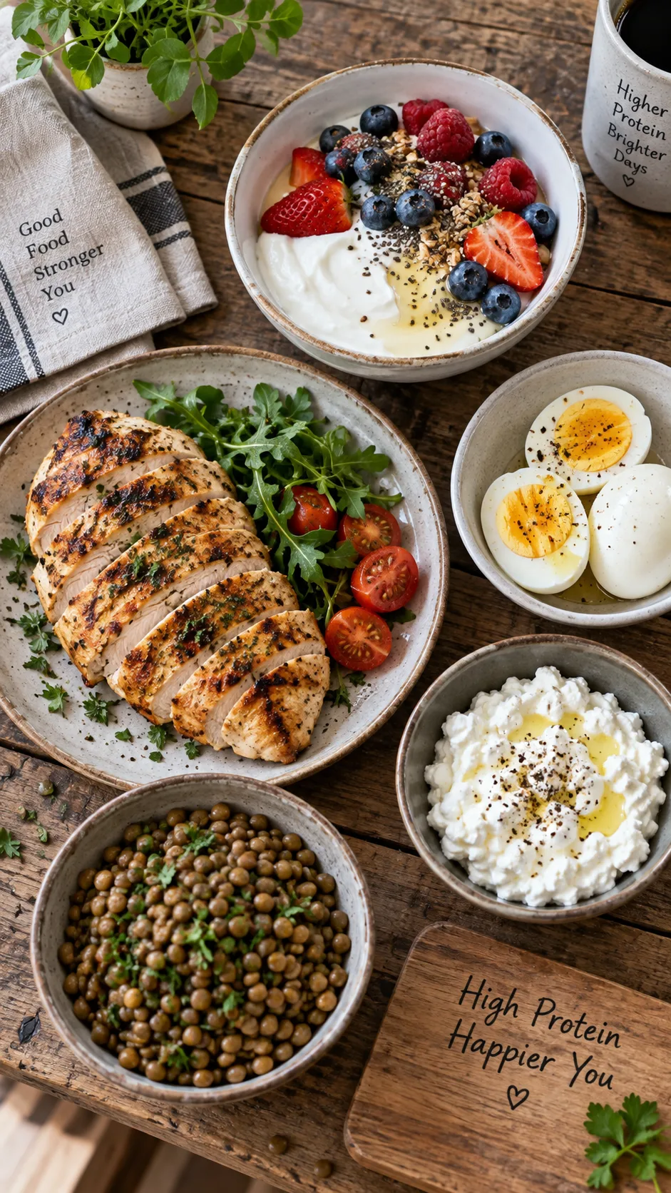 Overhead shot of a rustic wooden table with a balanced high-protein meal: grilled chicken breast, Greek yogurt bowl with berries, boiled eggs, lentils, and cottage cheese, natural window light, food photography style