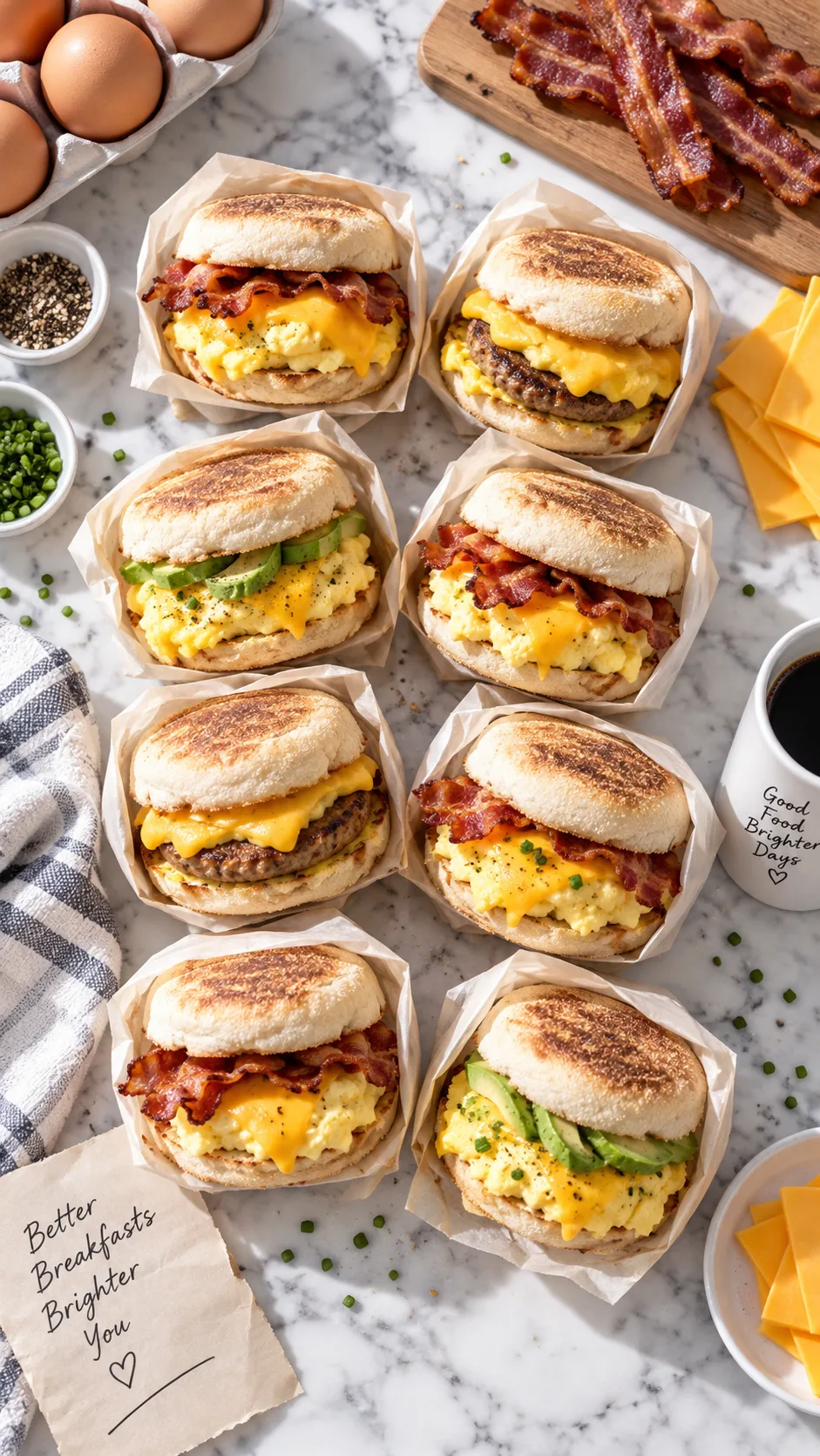 Overhead flat lay of eight assembled breakfast sandwiches on English muffins wrapped in parchment paper, arranged on a marble countertop with eggs, cheese slices, and bacon scattered around, bright natural morning light, food photography