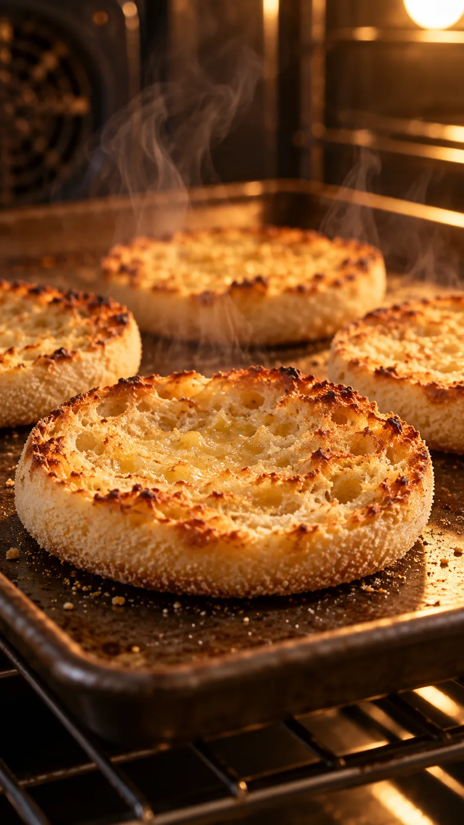 Close-up of split English muffins toasting golden brown on a baking sheet in an oven, warm light, steam rising, professional food photography with shallow depth of field