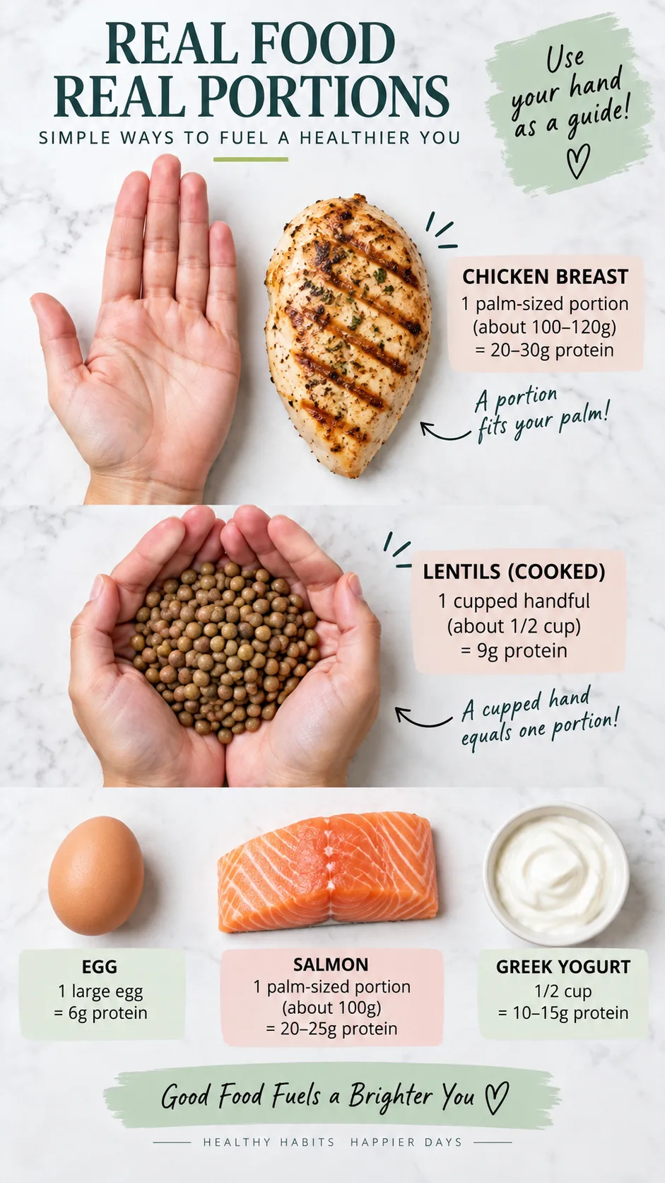 Clean infographic-style flat lay showing portion sizes of protein foods next to a hand for scale, palm-sized chicken breast, cupped hand of lentils, bright studio lighting, educational nutrition photography