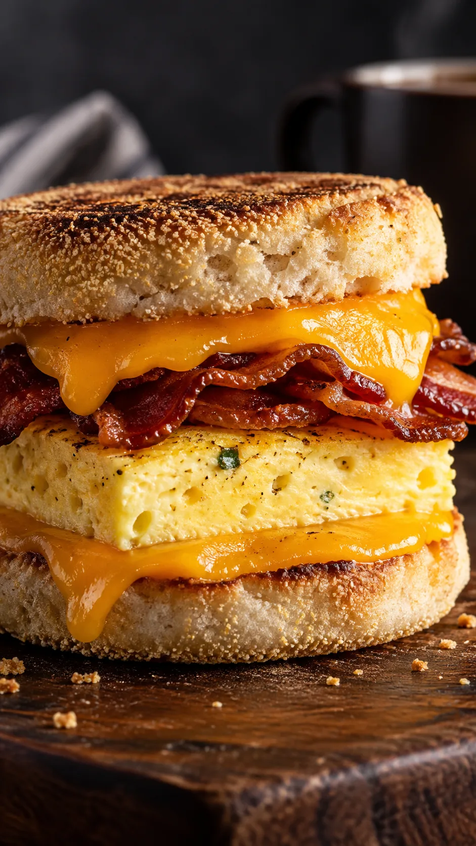 Side view cross-section of a stacked breakfast sandwich showing distinct layers of toasted English muffin, melted cheddar cheese, fluffy baked egg square, crispy bacon, and second cheese layer, dramatic side lighting, appetizing food photography