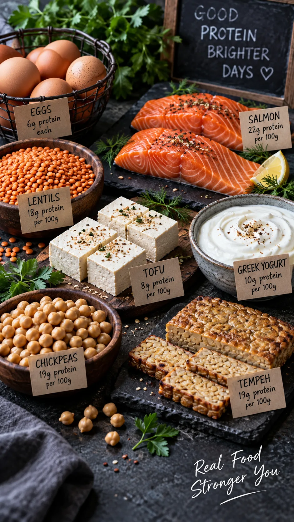 Colorful market-style display of high protein foods arranged in groups: eggs, salmon fillets, lentils, tofu blocks, Greek yogurt, chickpeas and tempeh on slate surface, moody natural lighting