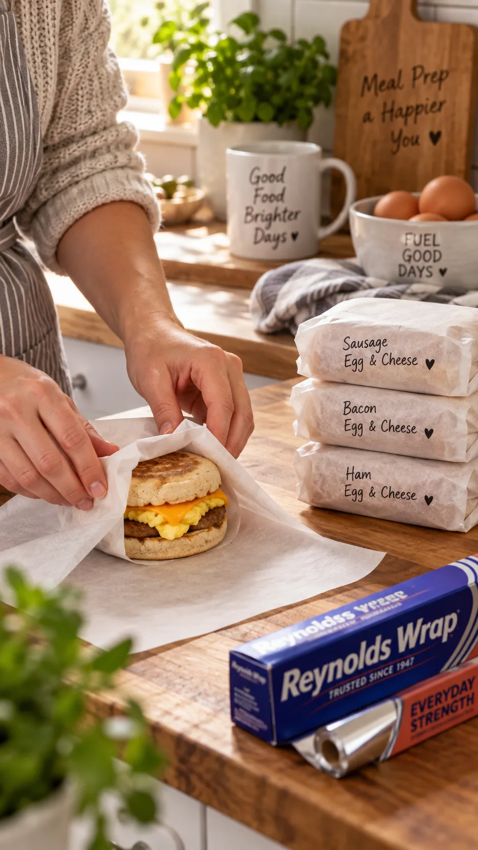 Hands wrapping a breakfast sandwich in parchment paper on a wooden kitchen counter, with a stack of already-wrapped labeled sandwiches beside it and a roll of foil nearby, warm natural lighting, lifestyle food photography