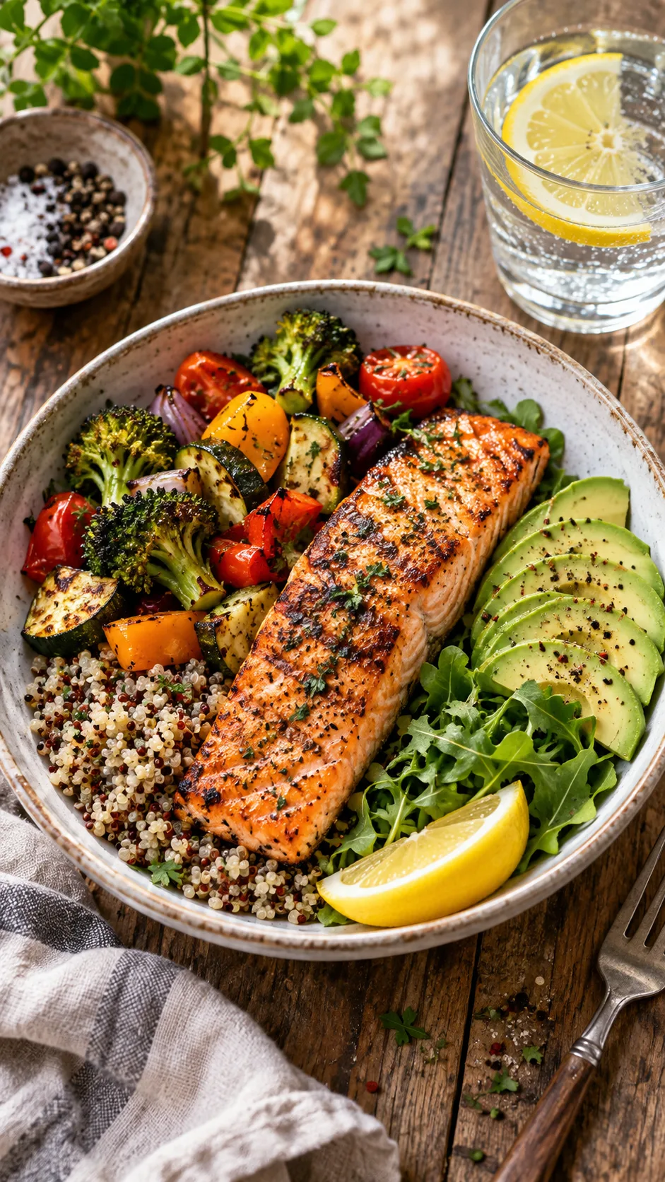 The Lose Belly Fat Diet That Actually Works (No Starving Required) 1 Overhead shot of a colorful high-protein meal on a rustic wooden table: grilled salmon, roasted vegetables, avocado slices, quinoa, and a glass of water with lemon, natural window light, shallow depth of field, editorial food photography
