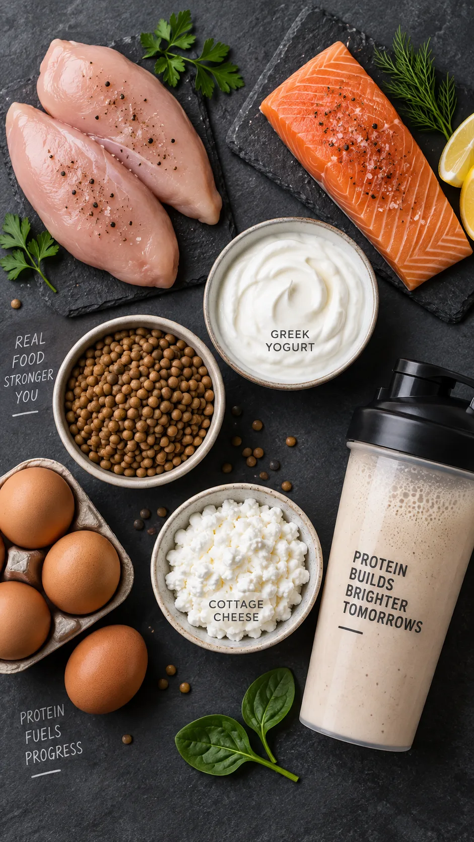 The Lose Belly Fat Diet That Actually Works (No Starving Required) 2 Flat lay of high-protein foods arranged neatly on a slate surface: raw chicken breast, salmon fillet, eggs, Greek yogurt in a bowl, lentils, cottage cheese, and a protein shaker, soft studio lighting, clean minimal styling