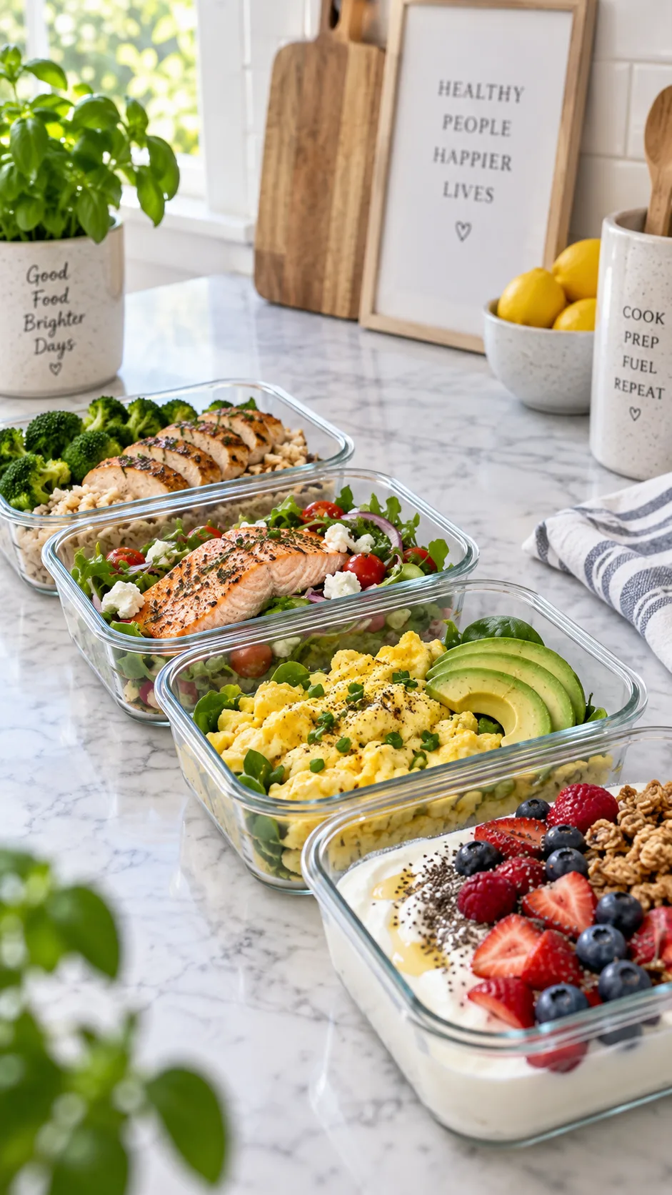 The Lose Belly Fat Diet That Actually Works (No Starving Required) 3 Four meal prep glass containers lined up on a marble kitchen counter showing balanced meals - grilled chicken with broccoli and rice, salmon salad, egg scramble with avocado, and yogurt with berries, bright airy natural lighting, lifestyle photography