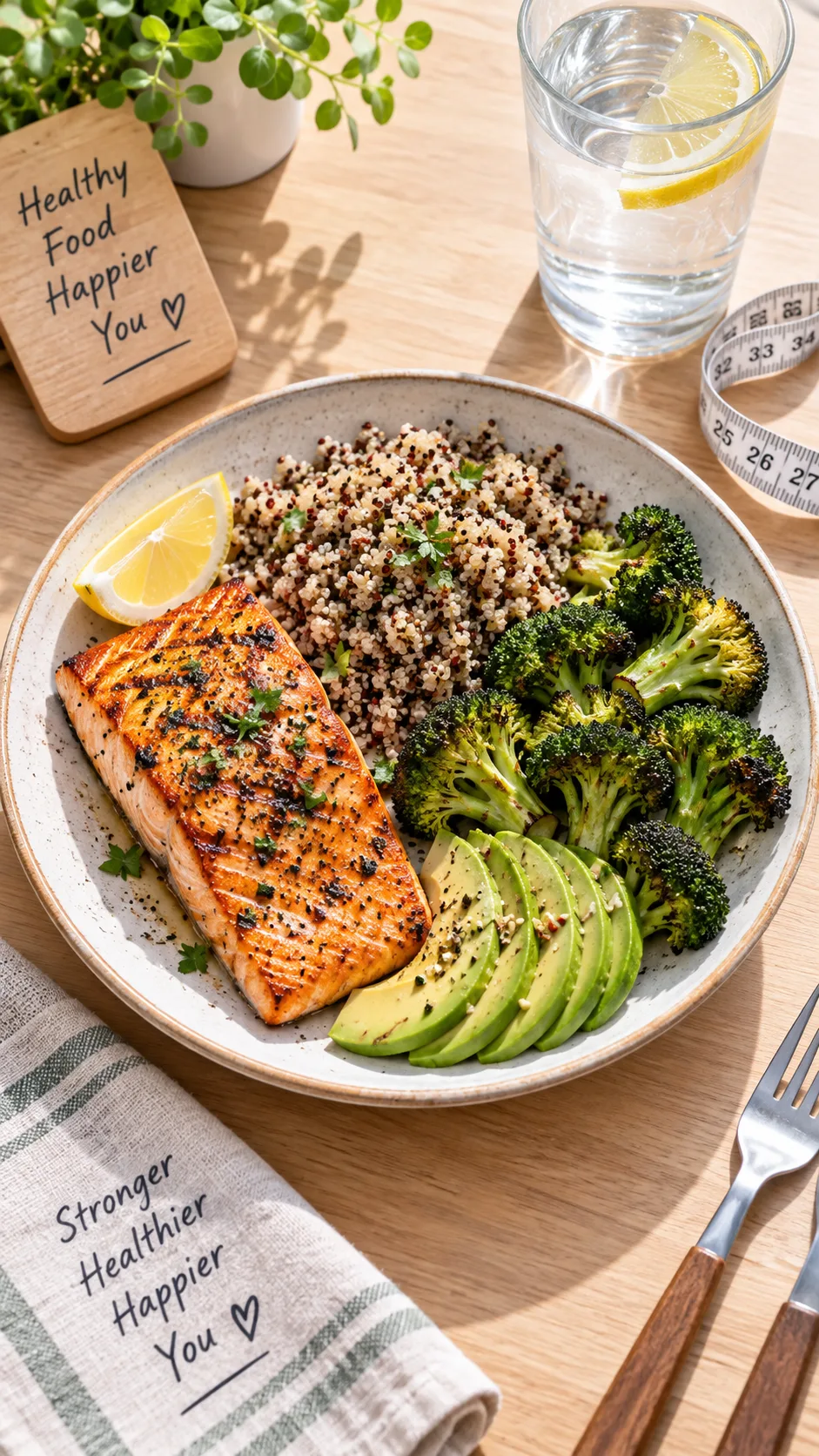The Wegovy Diet Plan That Actually Works: What to Eat for Maximum Results 1 Bright natural-light overhead shot of a balanced high-protein meal on a ceramic plate — grilled salmon, quinoa, roasted broccoli and avocado — beside a glass of water and a measuring tape on a light wooden kitchen table