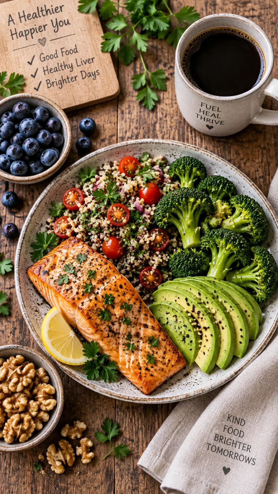 The Fatty Liver Disease Diet That Actually Heals: Meals, Charts & Easy Recipes 1 Overhead shot of a colorful liver-friendly meal spread on a rustic wooden table: grilled salmon fillet, quinoa salad with parsley and tomatoes, steamed broccoli, avocado slices, walnuts, blueberries, and a cup of black coffee, natural window light, food photography style