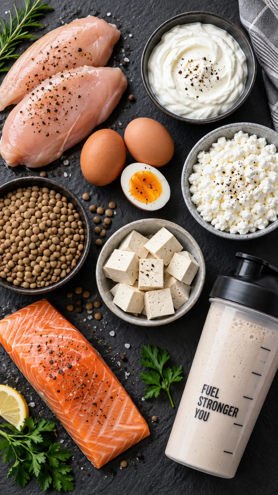 The Wegovy Diet Plan That Actually Works: What to Eat for Maximum Results 2 Clean flat-lay of high-protein foods arranged on slate — chicken breast, eggs, Greek yogurt, cottage cheese, tofu cubes, lentils, salmon fillet and a protein shaker — soft natural lighting, food photography style