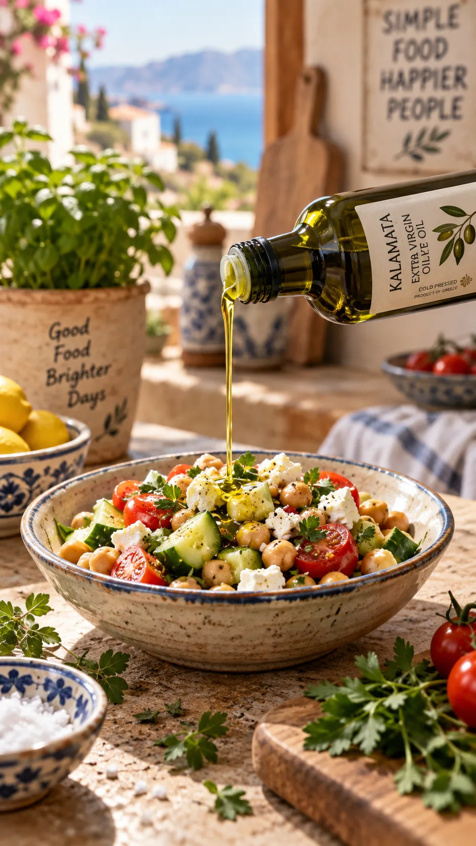 The Fatty Liver Disease Diet That Actually Heals: Meals, Charts & Easy Recipes 2 A bottle of extra virgin olive oil being poured over a bowl of chickpeas, cherry tomatoes, cucumber and feta, with fresh herbs scattered nearby, warm Mediterranean kitchen setting, shallow depth of field