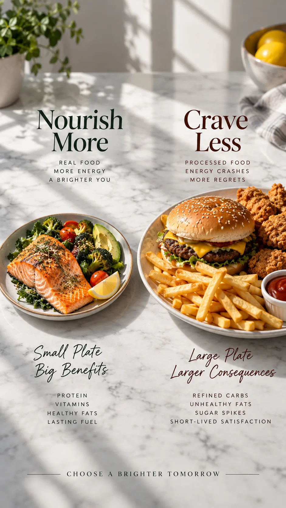 The Wegovy Diet Plan That Actually Works: What to Eat for Maximum Results 3 Side-by-side comparison photograph showing a small nutrient-dense plate with salmon and vegetables versus a large plate of fried fast food, shot on a marble surface with dramatic natural window light
