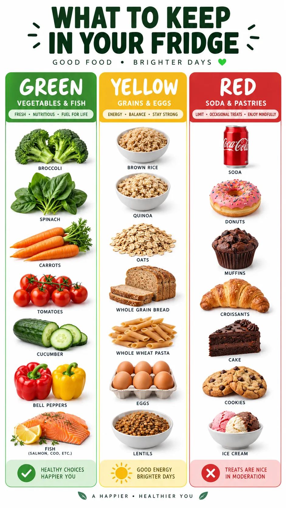 The Fatty Liver Disease Diet That Actually Heals: Meals, Charts & Easy Recipes 3 A clean infographic-style fridge chart with three columns of food photographs: green column with vegetables and fish, yellow column with grains and eggs, red column with soda and pastries, bright white background, minimalist design